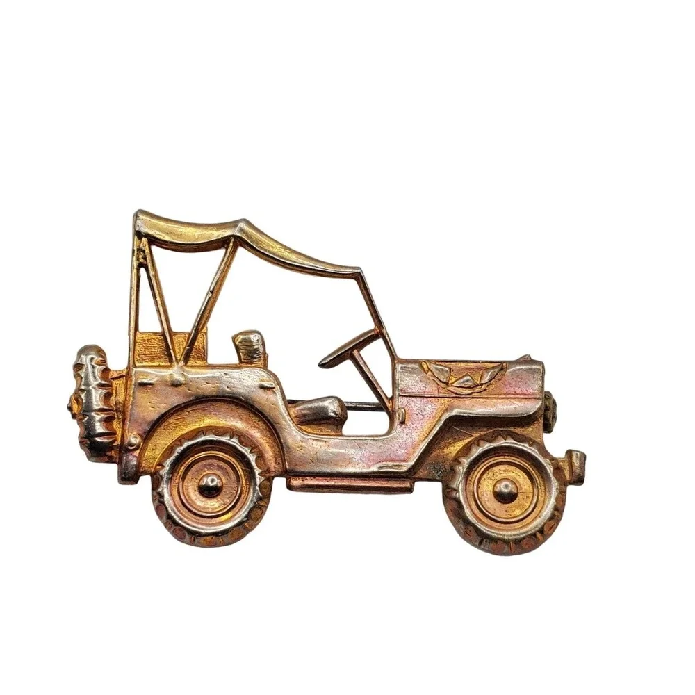 Willys‎ Jeep Pin Brooch Gold Tone Military Vehicle Trombone Clasp Vintage Brooch